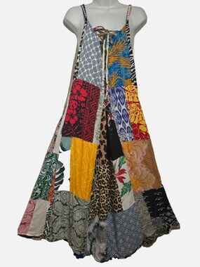 Nwt FUNKY STUFF corset hippie patch boho rayon tank pocket DRESS L